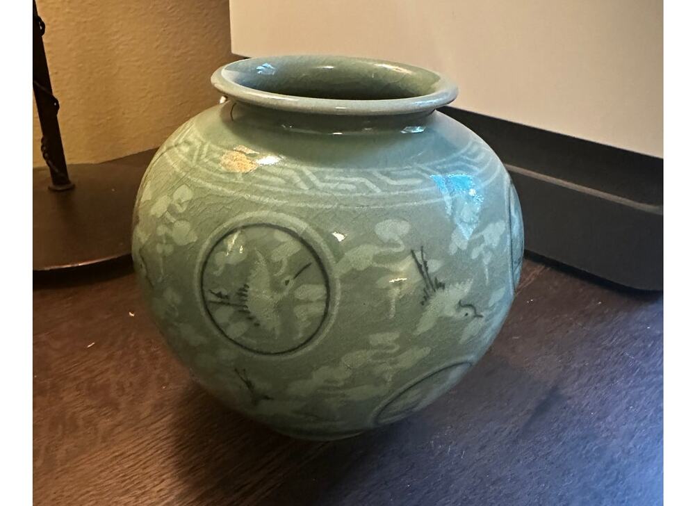 MCM KOREAN CELEDON CRANE INLAID ROUND VASE